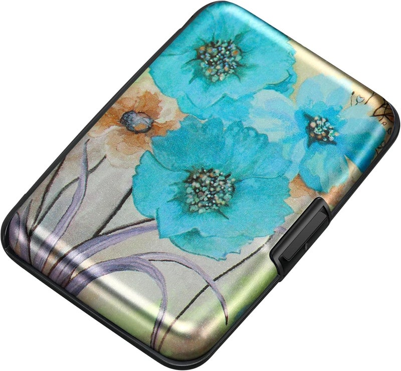 ELFISH Mini RFID Aluminum Wallet Credit Cards Holder Business Card Case Metal ID Case for Men Women(Blue Flower) - Image 1